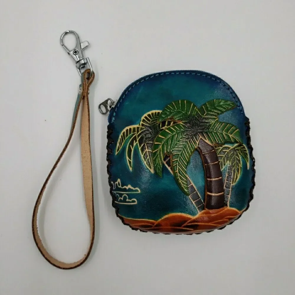 Tropical Palm Tree Wristlet Gift Card Holder Handmade Leather Surfer Mini Purse